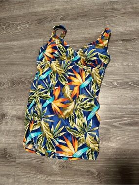 Women's (10) Tropical birds of paradise orange Blue Floral One-Piece swimsuit